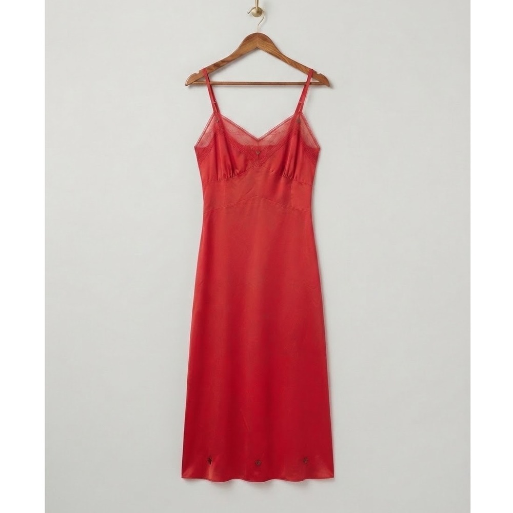 Vintage Red Satin Midi Slip Dress Lace Trim Rosebud Embroidery Coquette Nightie